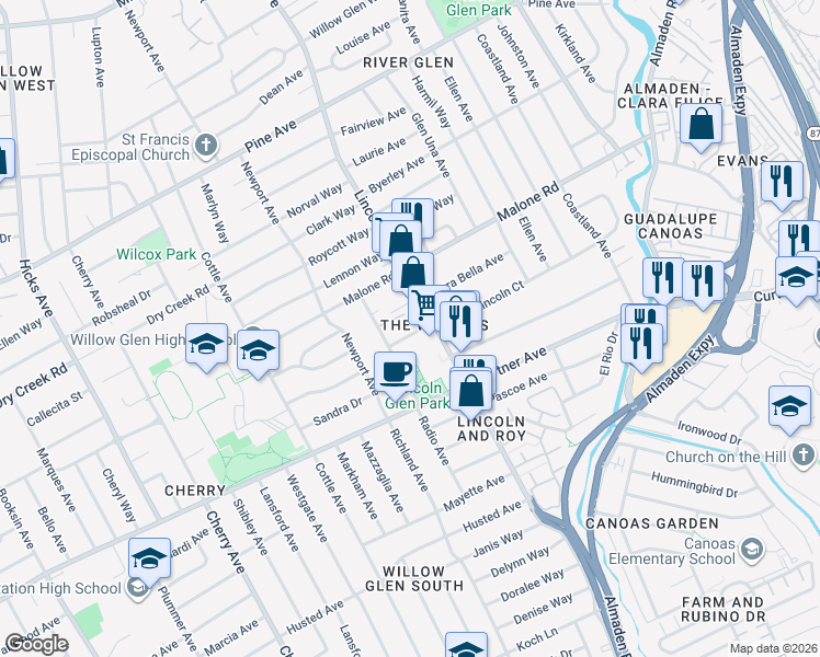 map of restaurants, bars, coffee shops, grocery stores, and more near in San Jose