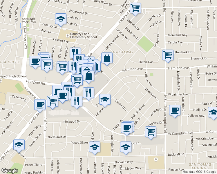 map of restaurants, bars, coffee shops, grocery stores, and more near 1697 Duvall Drive in San Jose