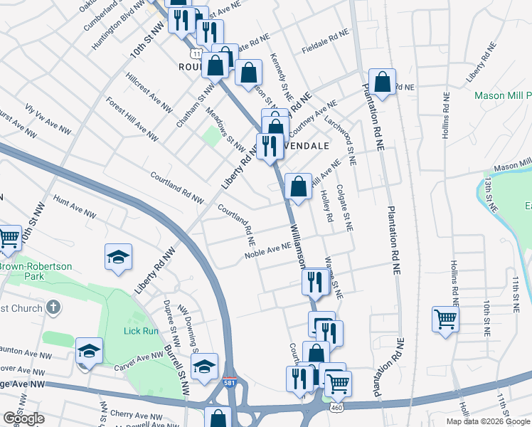 map of restaurants, bars, coffee shops, grocery stores, and more near 75 Forest Hill Avenue Northeast in Roanoke