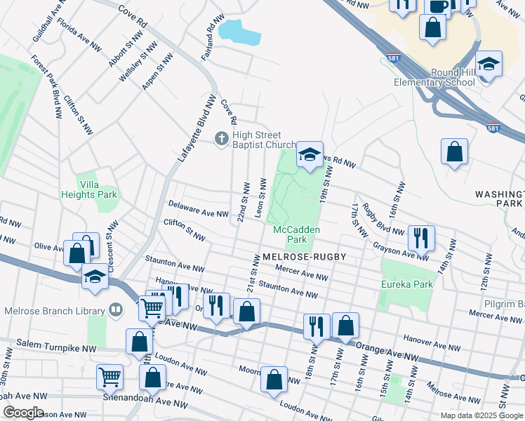 map of restaurants, bars, coffee shops, grocery stores, and more near 1311 Leon St NW in Roanoke