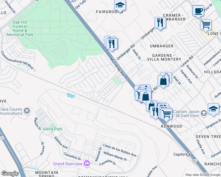 map of restaurants, bars, coffee shops, grocery stores, and more near 2728 Ginoso Court in San Jose
