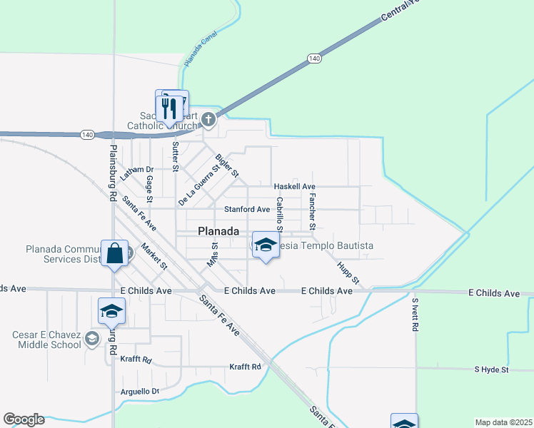 map of restaurants, bars, coffee shops, grocery stores, and more near 9513 Stanford Avenue in Planada