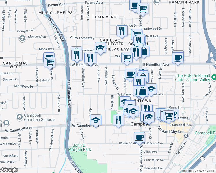map of restaurants, bars, coffee shops, grocery stores, and more near 312 North Milton Avenue in Campbell