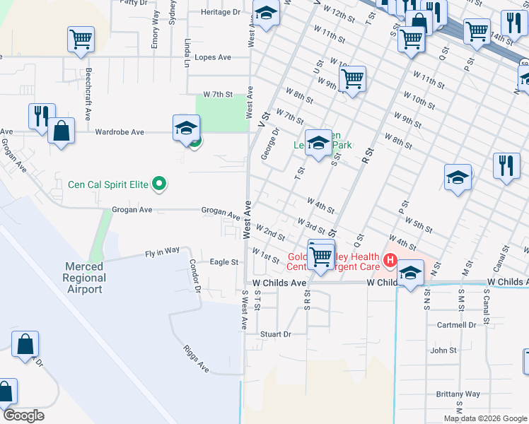 map of restaurants, bars, coffee shops, grocery stores, and more near 1340 West 3rd Street in Merced