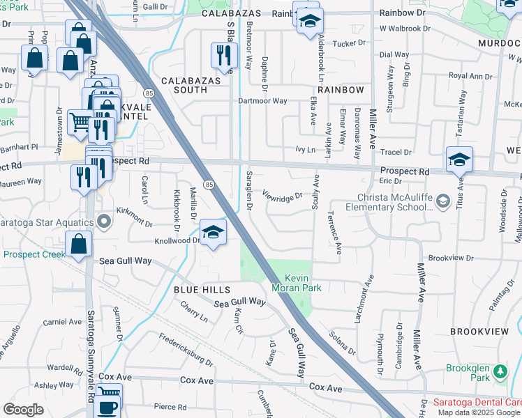 map of restaurants, bars, coffee shops, grocery stores, and more near 12141 Viewoak Drive in Saratoga