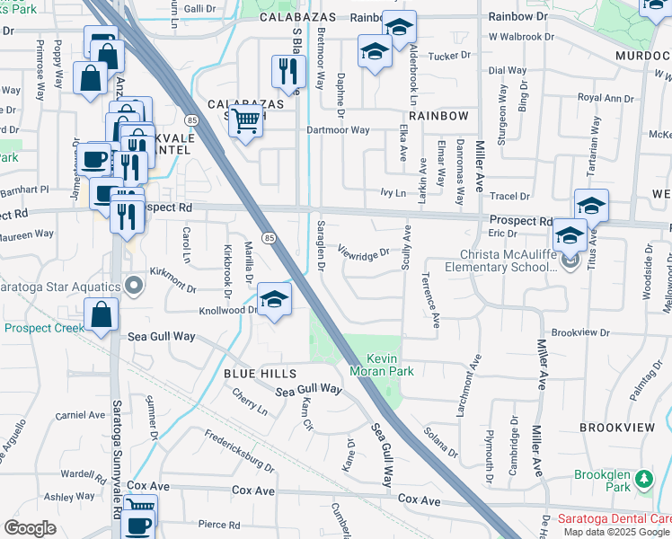 map of restaurants, bars, coffee shops, grocery stores, and more near 12141 Viewoak Drive in Saratoga