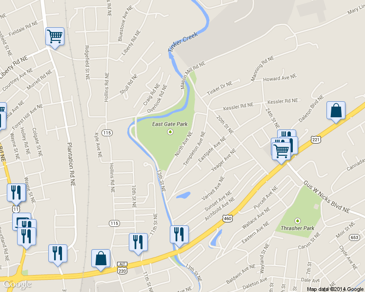 map of restaurants, bars, coffee shops, grocery stores, and more near 1615 North Ave NE in Roanoke