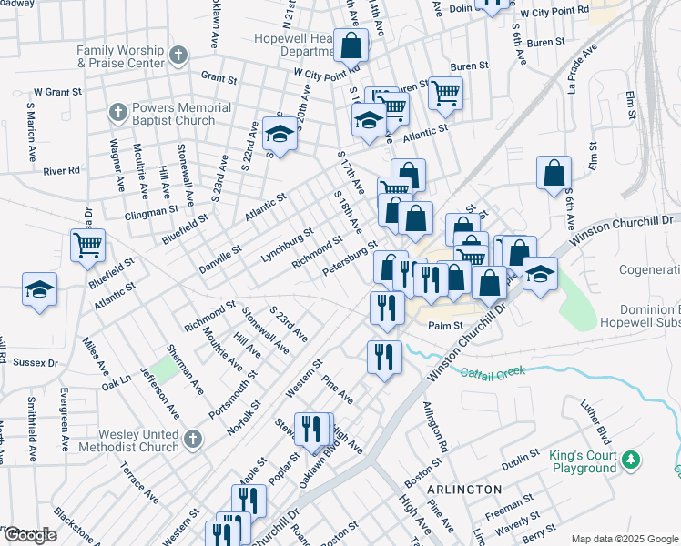 map of restaurants, bars, coffee shops, grocery stores, and more near 1914 Petersburg Street in Hopewell