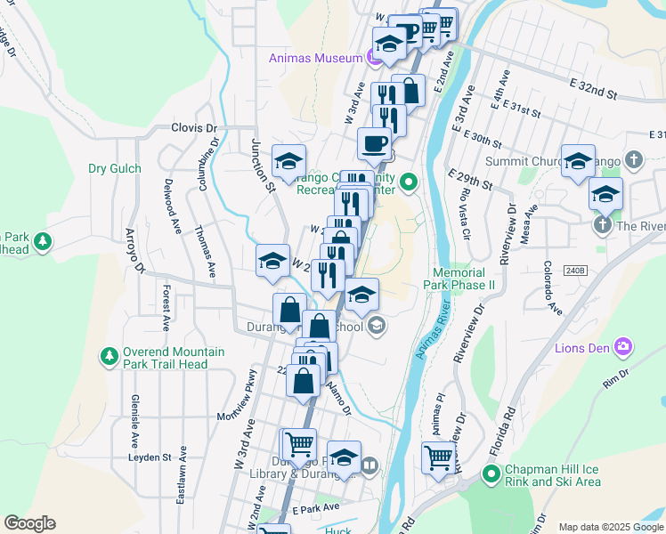 map of restaurants, bars, coffee shops, grocery stores, and more near 140 West 25th Street in Durango