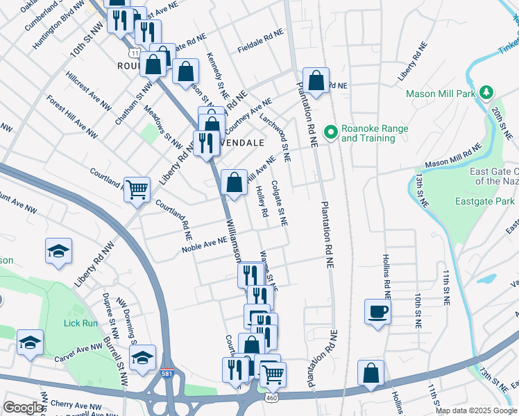 map of restaurants, bars, coffee shops, grocery stores, and more near 2030 Holley Road in Roanoke