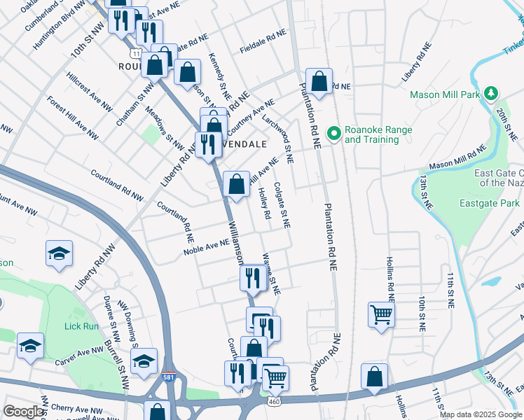 map of restaurants, bars, coffee shops, grocery stores, and more near 2030 Holley Road in Roanoke