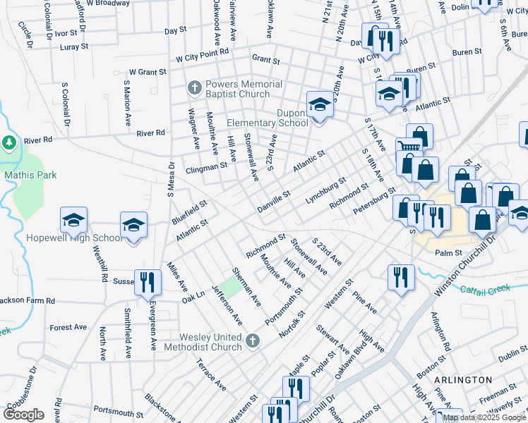 map of restaurants, bars, coffee shops, grocery stores, and more near 2408 Danville Street in Hopewell