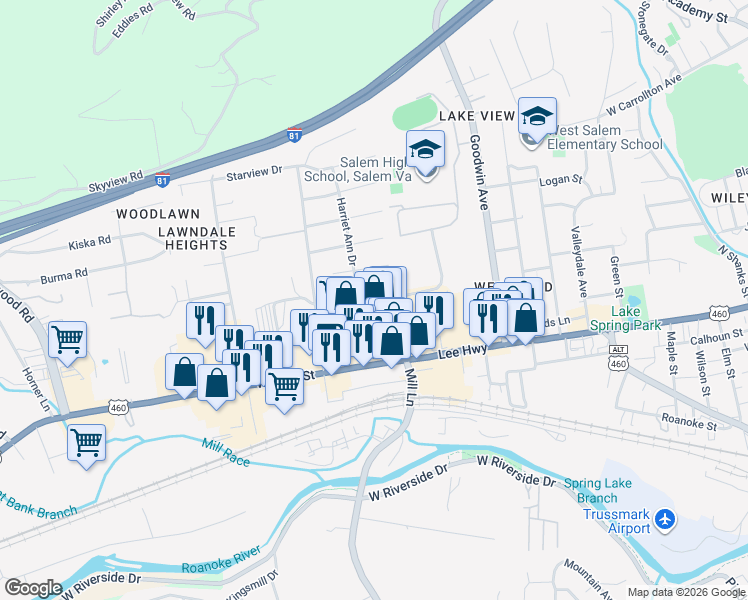 map of restaurants, bars, coffee shops, grocery stores, and more near 1436 Longview Avenue in Salem
