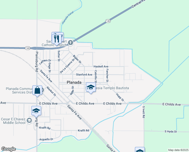 map of restaurants, bars, coffee shops, grocery stores, and more near 9541 Stanford Avenue in Planada