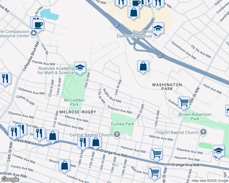 map of restaurants, bars, coffee shops, grocery stores, and more near 1606 Syracuse Avenue Northwest in Roanoke