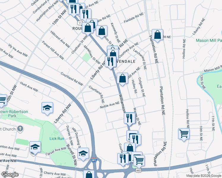 map of restaurants, bars, coffee shops, grocery stores, and more near 75 Forest Hill Avenue Northeast in Roanoke