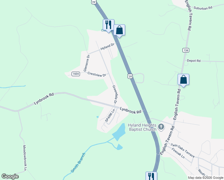 map of restaurants, bars, coffee shops, grocery stores, and more near 148 Greendale Drive in Rustburg