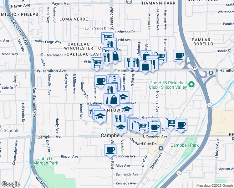 map of restaurants, bars, coffee shops, grocery stores, and more near 1 Garrison Drive in Campbell