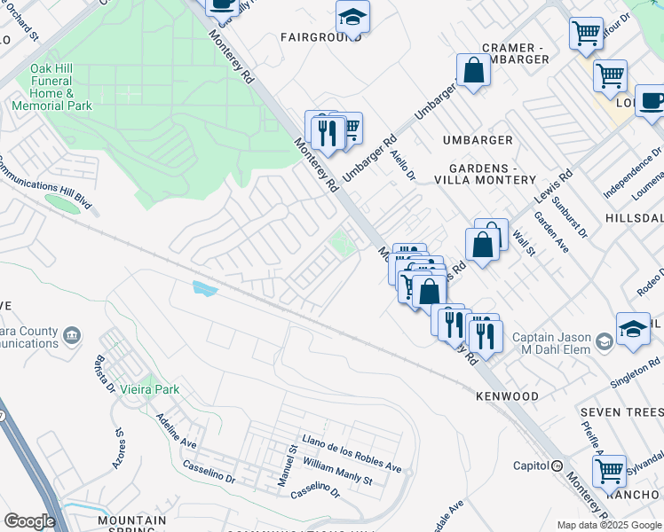 map of restaurants, bars, coffee shops, grocery stores, and more near 61 Montecito Vista Drive in San Jose