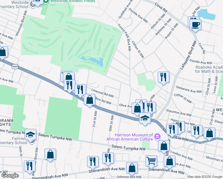map of restaurants, bars, coffee shops, grocery stores, and more near 3028 Lorraine Road Northwest in Roanoke