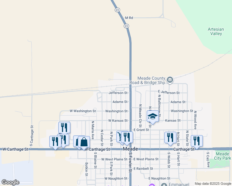 map of restaurants, bars, coffee shops, grocery stores, and more near Jefferson Street in Meade