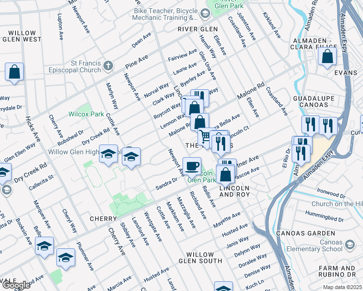 map of restaurants, bars, coffee shops, grocery stores, and more near 2095 Radio Avenue in San Jose