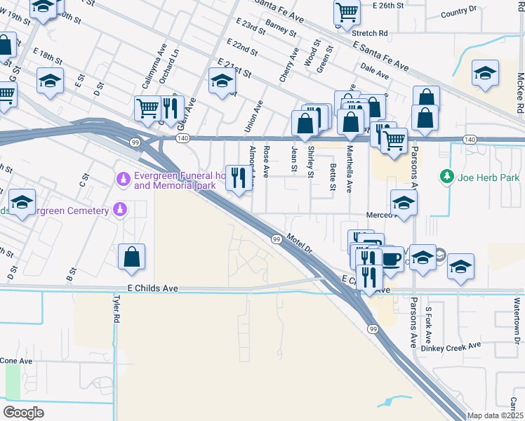 map of restaurants, bars, coffee shops, grocery stores, and more near 1303 Merced Avenue in Merced