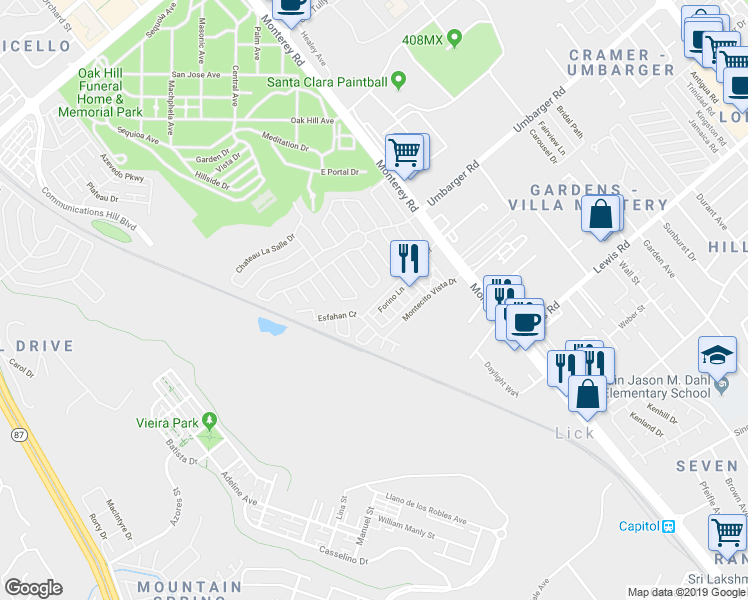 map of restaurants, bars, coffee shops, grocery stores, and more near 156 Esfahan Drive in San Jose