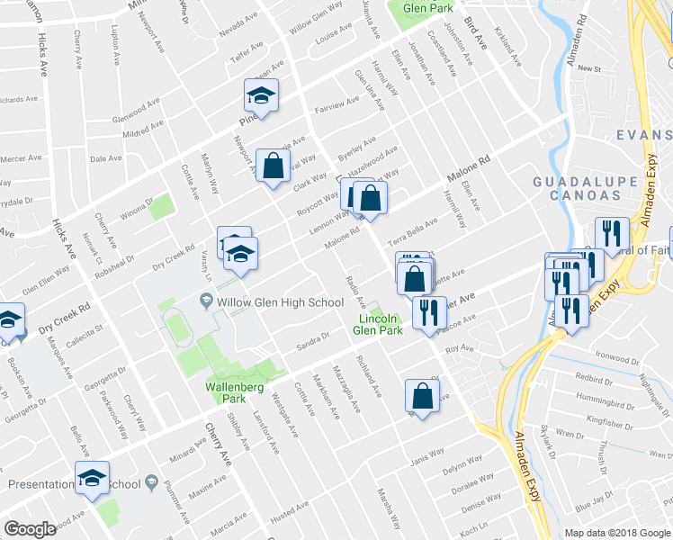 map of restaurants, bars, coffee shops, grocery stores, and more near 2101 Radio Avenue in San Jose