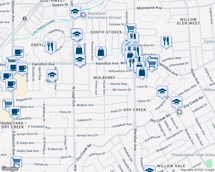 map of restaurants, bars, coffee shops, grocery stores, and more near 1751 Mount Vernon Drive in San Jose