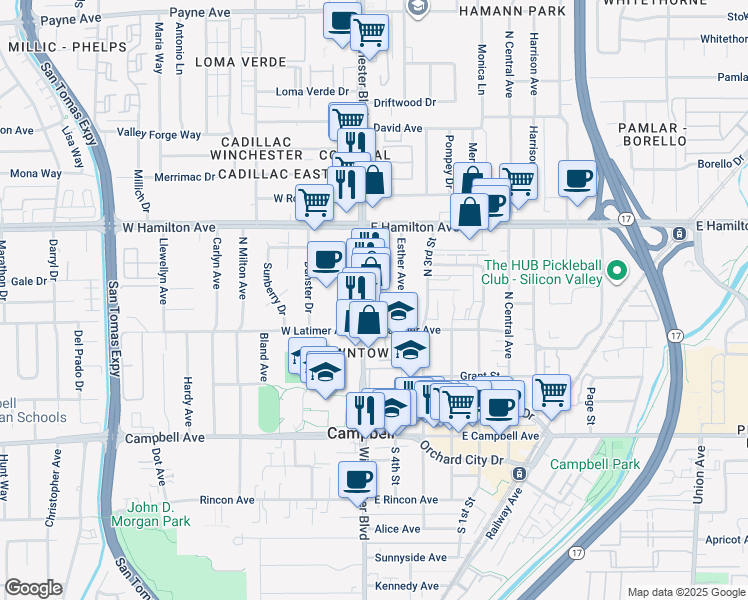 map of restaurants, bars, coffee shops, grocery stores, and more near 1778 South Winchester Boulevard in Campbell