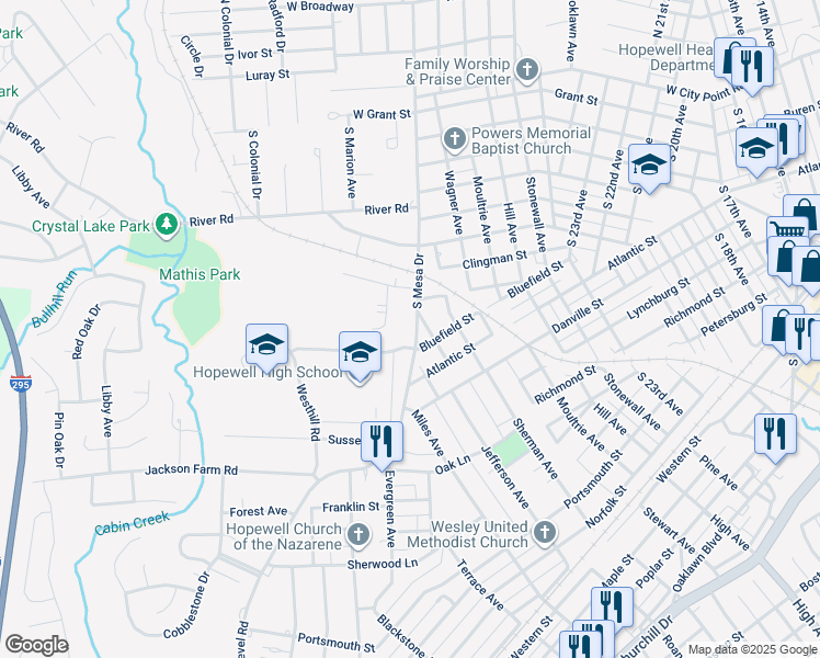 map of restaurants, bars, coffee shops, grocery stores, and more near 310 South Mesa Drive in Hopewell