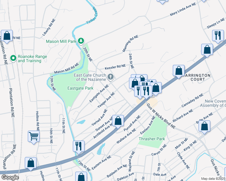 map of restaurants, bars, coffee shops, grocery stores, and more near 1536 20th Street Northeast in Roanoke