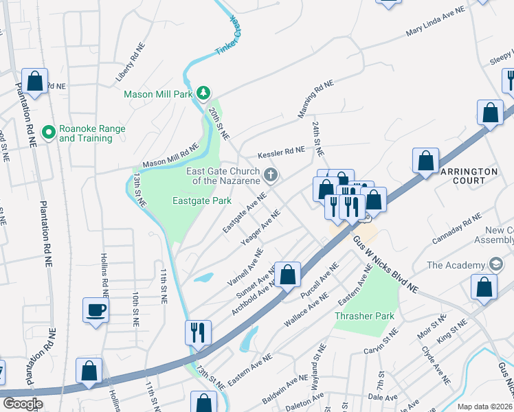 map of restaurants, bars, coffee shops, grocery stores, and more near in Roanoke