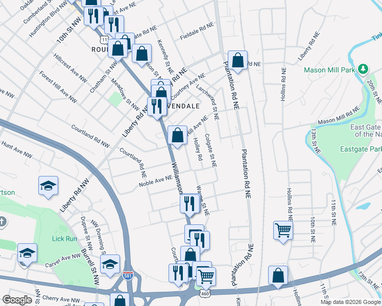 map of restaurants, bars, coffee shops, grocery stores, and more near 2025 Wayne Street Northeast in Roanoke