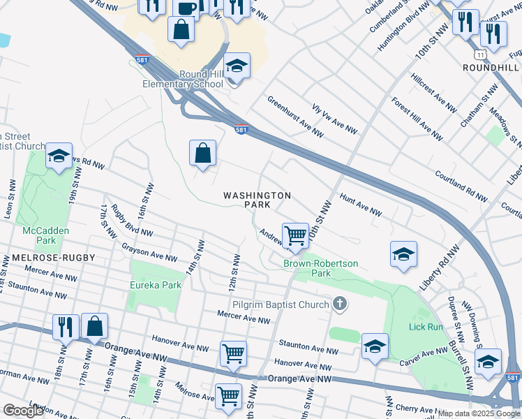 map of restaurants, bars, coffee shops, grocery stores, and more near 1118 Alview Avenue Northwest in Roanoke