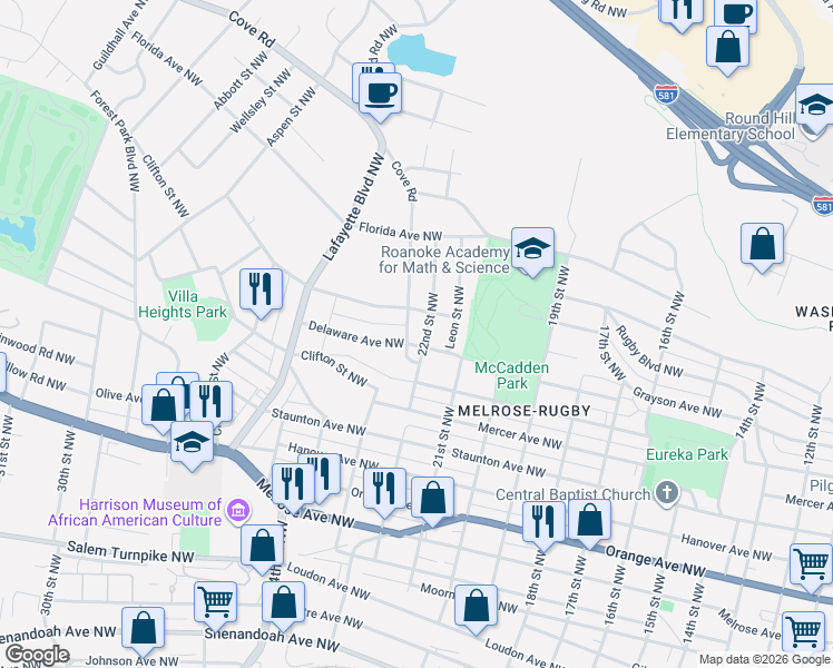 map of restaurants, bars, coffee shops, grocery stores, and more near 2201-2299 Delaware Avenue Northwest in Roanoke