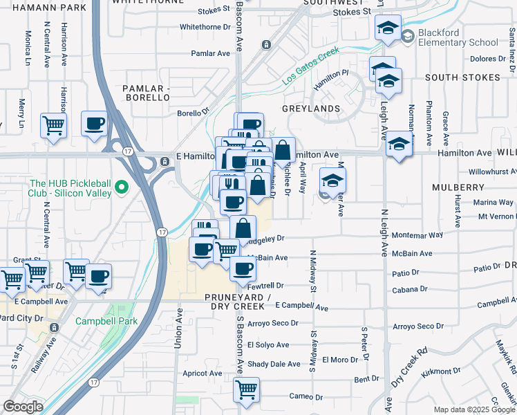 map of restaurants, bars, coffee shops, grocery stores, and more near 1740 South Bascom Avenue in Campbell