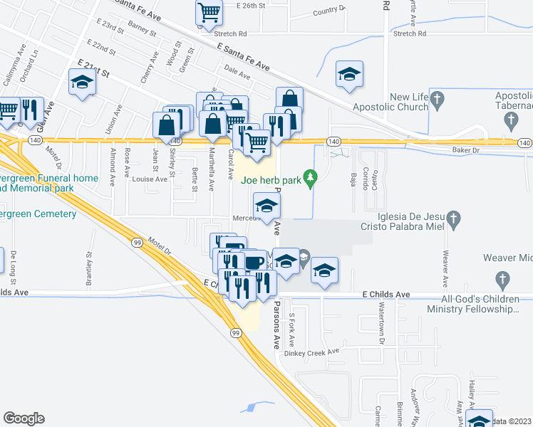 map of restaurants, bars, coffee shops, grocery stores, and more near 2055 Merced Avenue in Merced