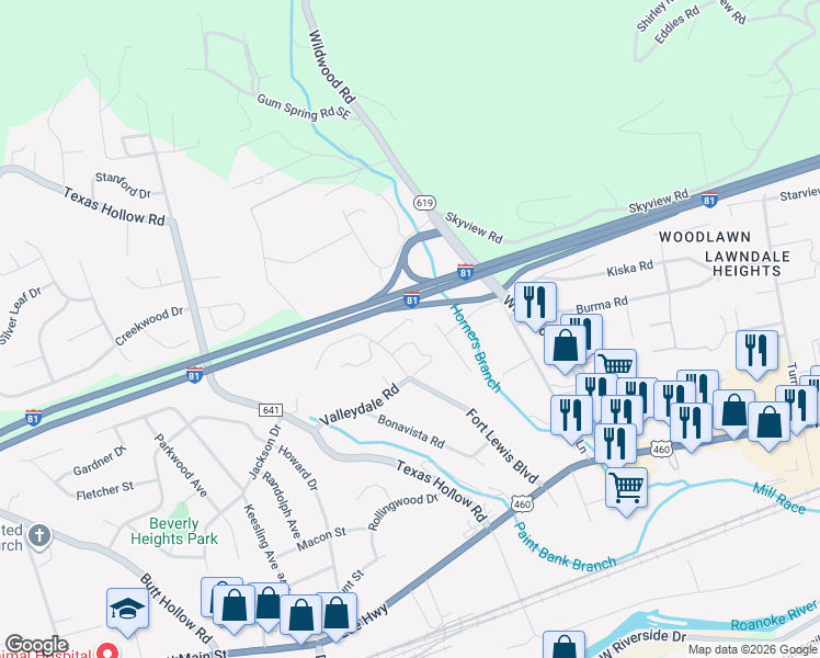 map of restaurants, bars, coffee shops, grocery stores, and more near 2212 Mitchell Rd in Salem