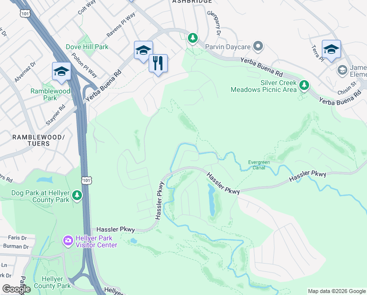 map of restaurants, bars, coffee shops, grocery stores, and more near 1535 Rangewood Drive in San Jose