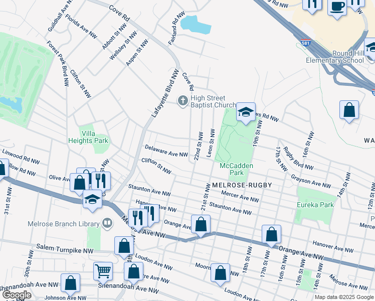 map of restaurants, bars, coffee shops, grocery stores, and more near 2301 Delaware Avenue Northwest in Roanoke