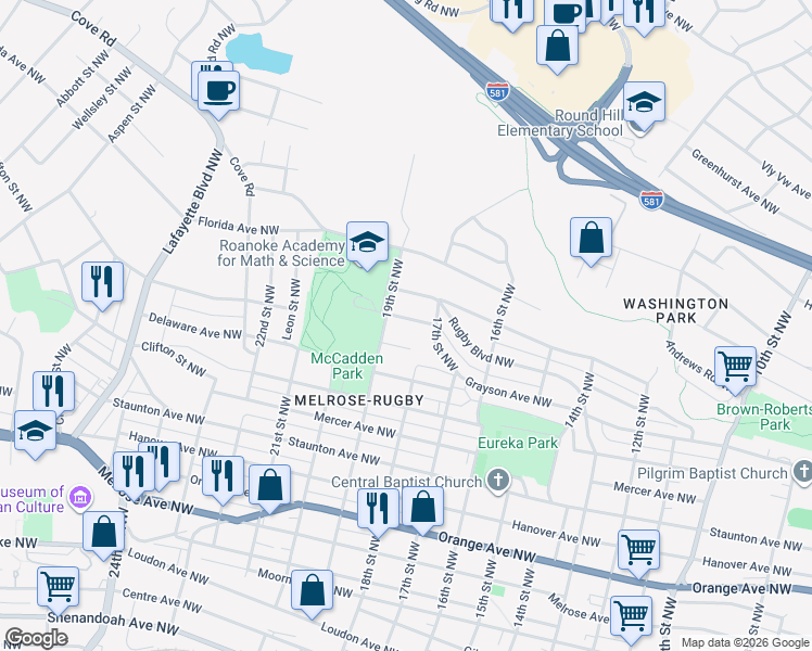 map of restaurants, bars, coffee shops, grocery stores, and more near 1822 Grayson Avenue Northwest in Roanoke