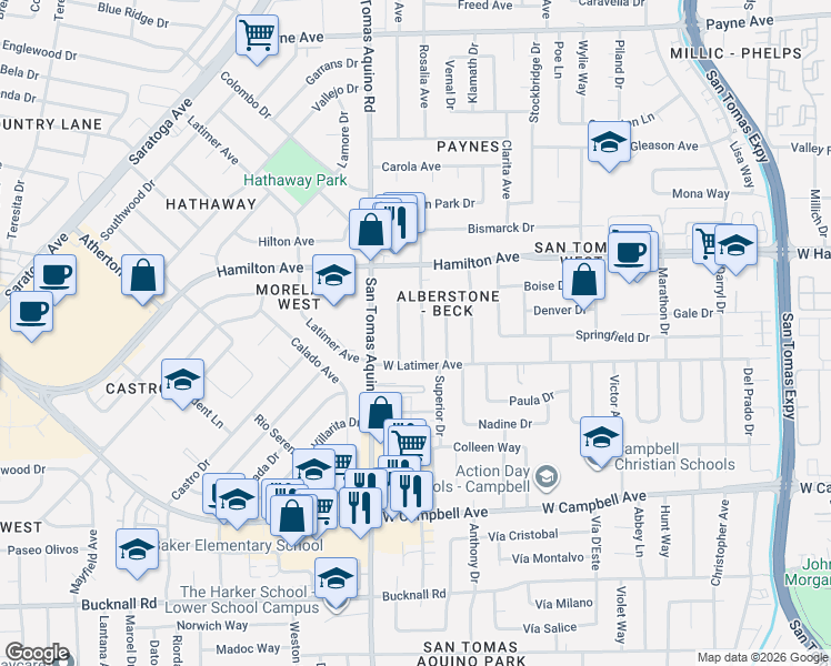 map of restaurants, bars, coffee shops, grocery stores, and more near 1707 Mendenhall Drive in San Jose