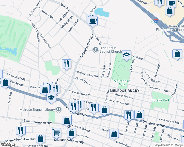 map of restaurants, bars, coffee shops, grocery stores, and more near 2327 Delaware Avenue Northwest in Roanoke