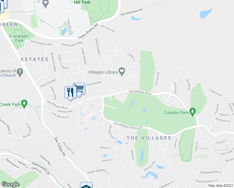 map of restaurants, bars, coffee shops, grocery stores, and more near The Villages Parkway in San Jose