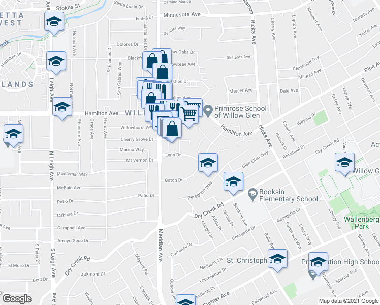 map of restaurants, bars, coffee shops, grocery stores, and more near 1632 Lenn Drive in San Jose