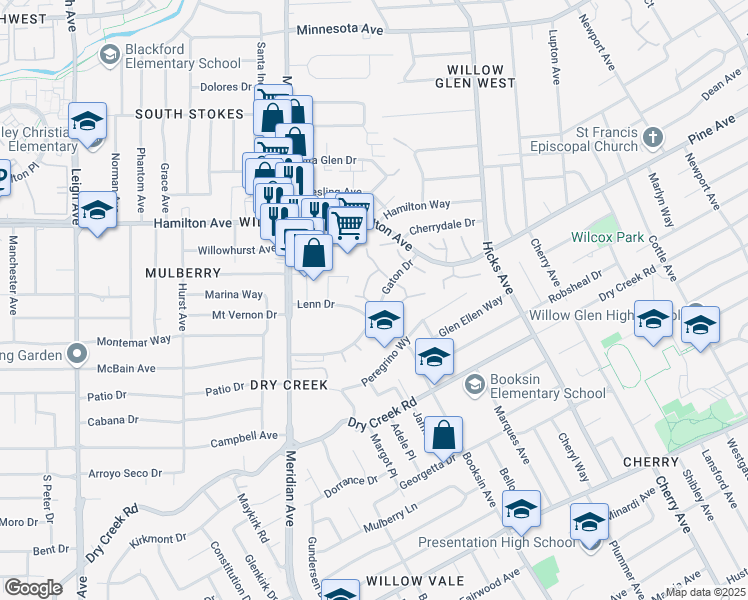 map of restaurants, bars, coffee shops, grocery stores, and more near 1646 Elderberry Way in San Jose