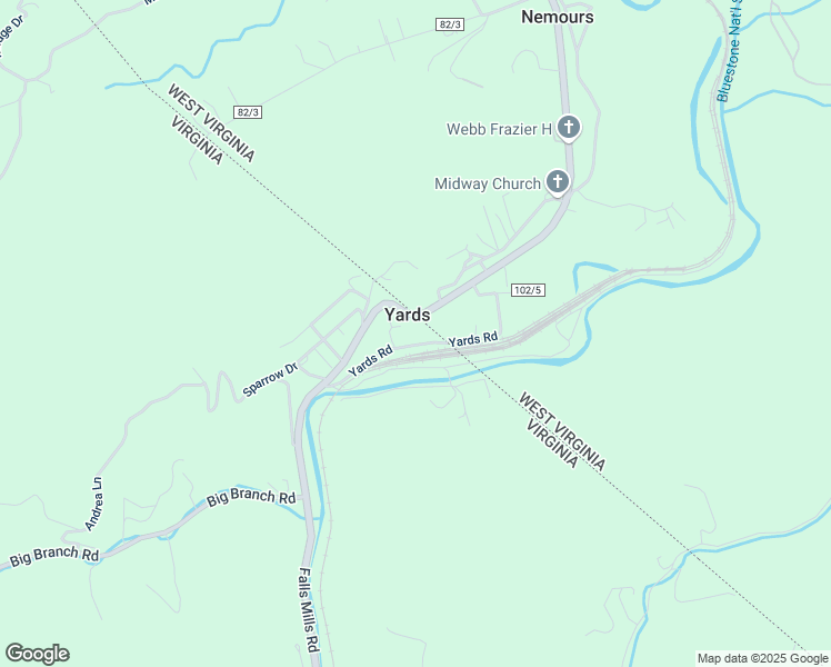 map of restaurants, bars, coffee shops, grocery stores, and more near 333 Yards Road in Bluefield