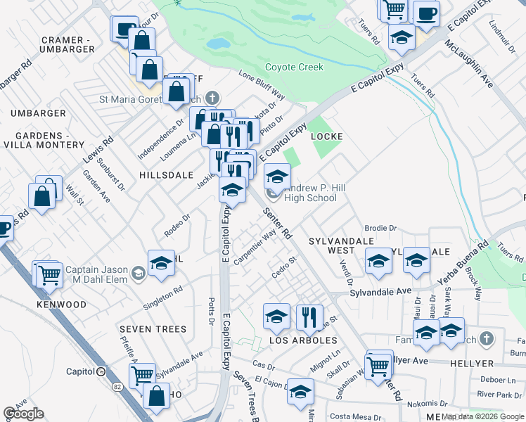 map of restaurants, bars, coffee shops, grocery stores, and more near 553 Groth Place in San Jose